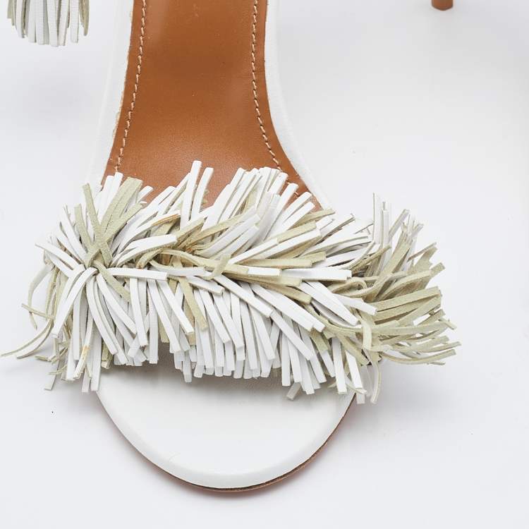Pre Owned Aquazzura White Leather Fringed Wild Thing Ankle Wrap Sandals Size 40