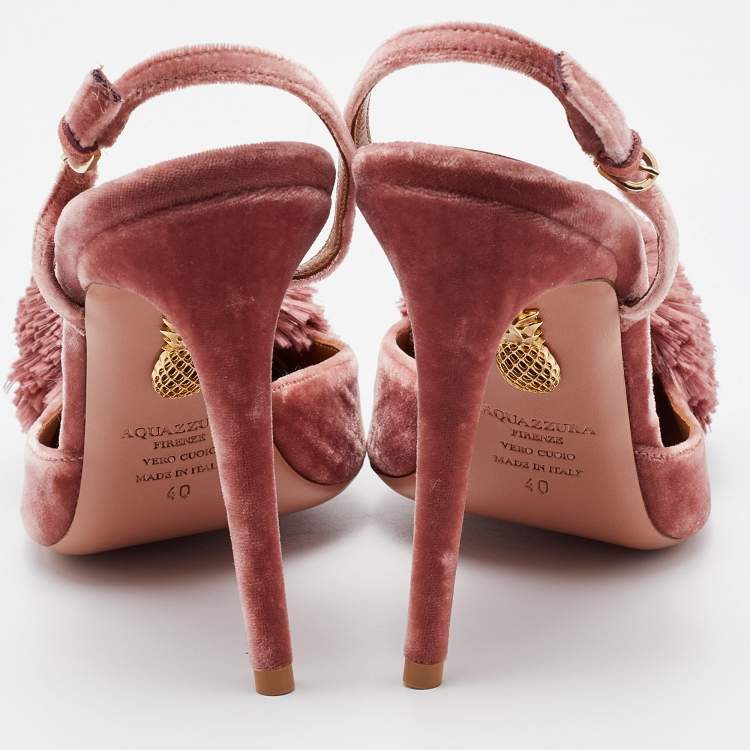 Pre Owned Aquazzura Rose Pink Velvet Powder Puff Pom Pom Slingback Pumps Size 40