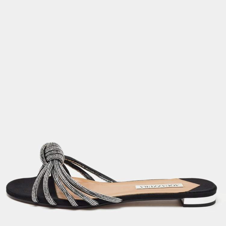 Pre Owned Aquazzura Black Crystal Embellished Suede Celeste Flat Slides Size 38.5