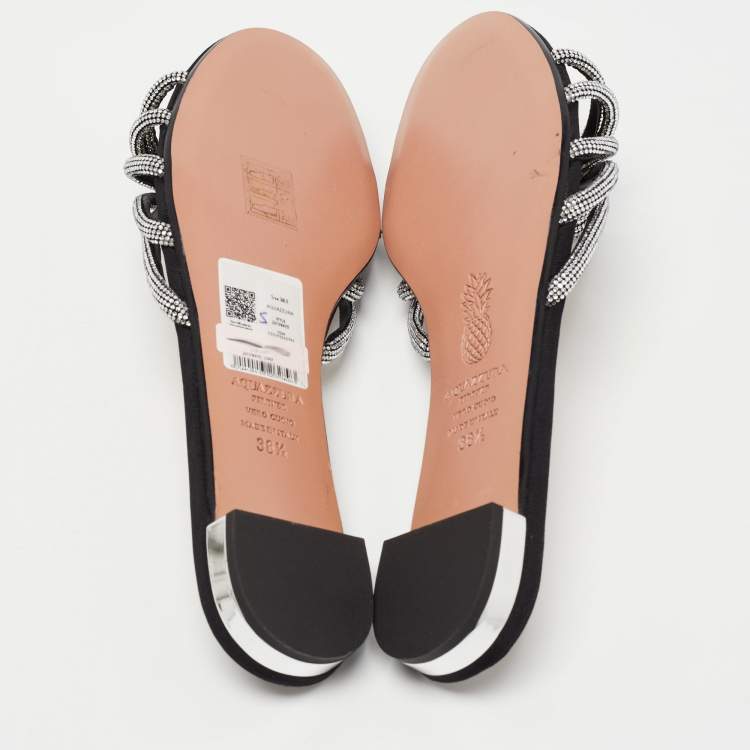 Pre Owned Aquazzura Black Crystal Embellished Suede Celeste Flat Slides Size 38.5