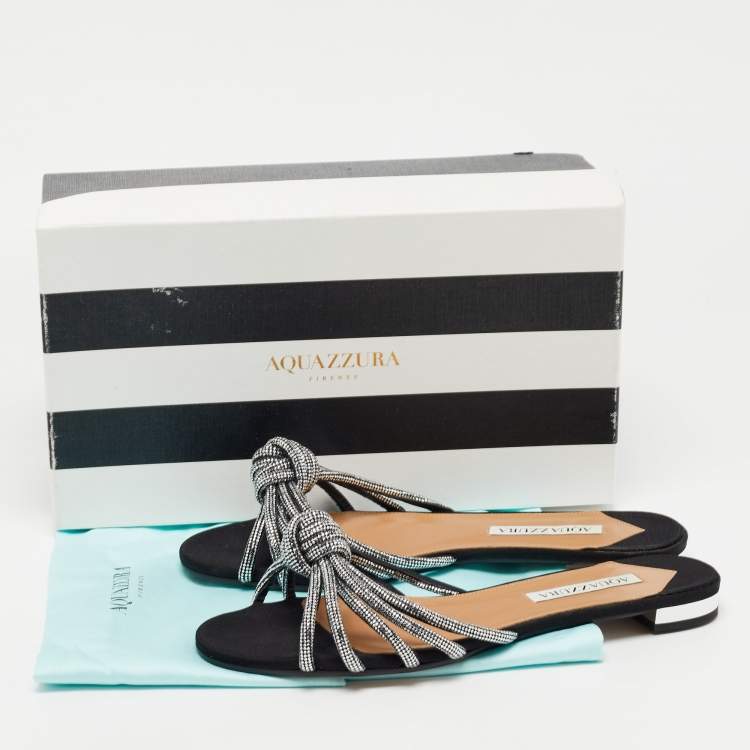 Pre Owned Aquazzura Black Crystal Embellished Suede Celeste Flat Slides Size 38.5