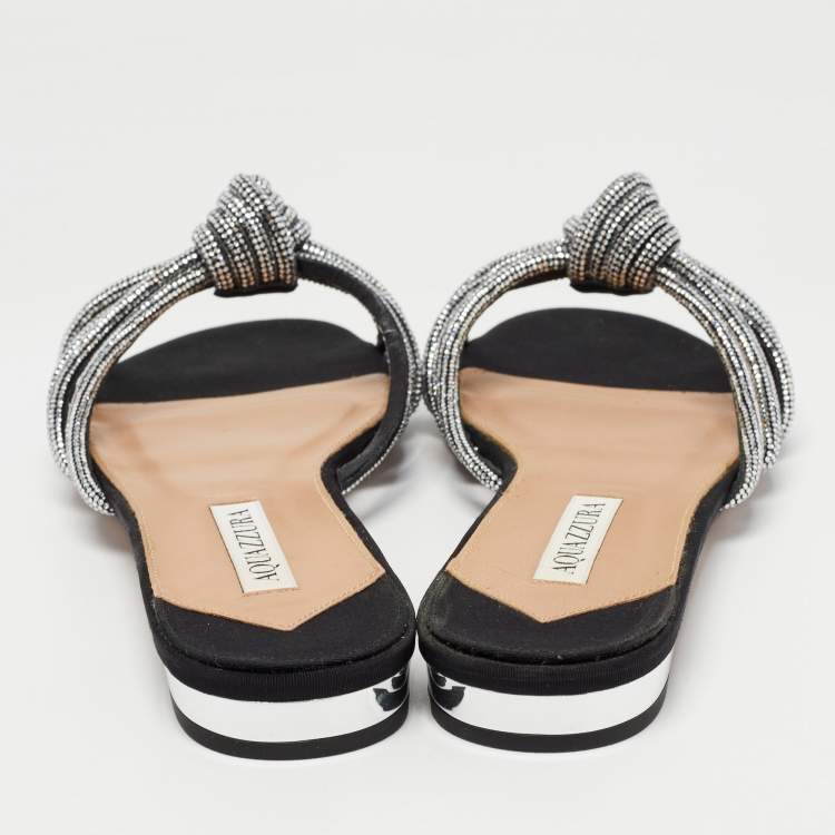 Pre Owned Aquazzura Black Crystal Embellished Suede Celeste Flat Slides Size 38.5