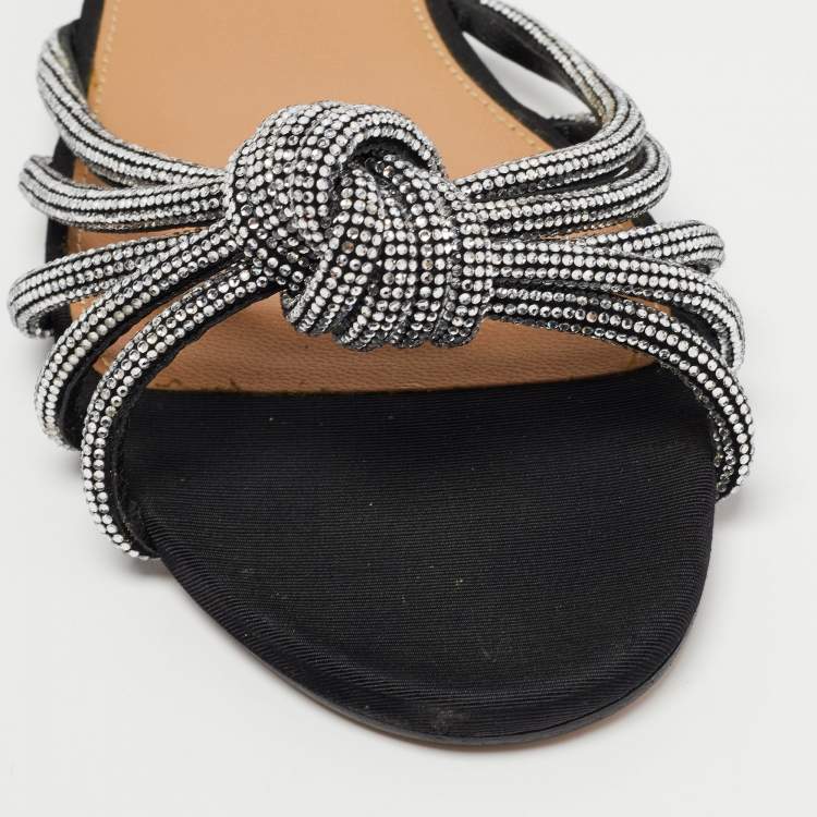 Pre Owned Aquazzura Black Crystal Embellished Suede Celeste Flat Slides Size 38.5