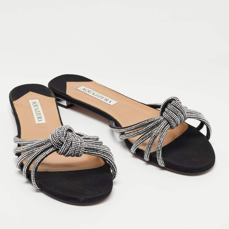 Pre Owned Aquazzura Black Crystal Embellished Suede Celeste Flat Slides Size 38.5