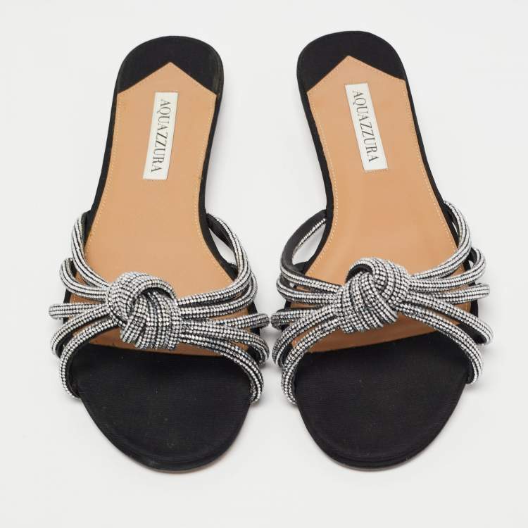 Pre Owned Aquazzura Black Crystal Embellished Suede Celeste Flat Slides Size 38.5