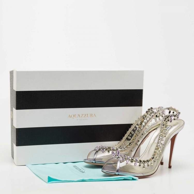 Pre Owned Aquazzura Transparent/Silver Leather and PVC Temptation Slingback Pumps Size 39