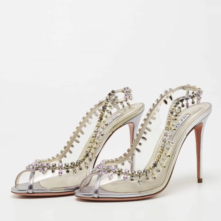 Pre Owned Aquazzura Transparent/Silver Leather and PVC Temptation Slingback Pumps Size 39