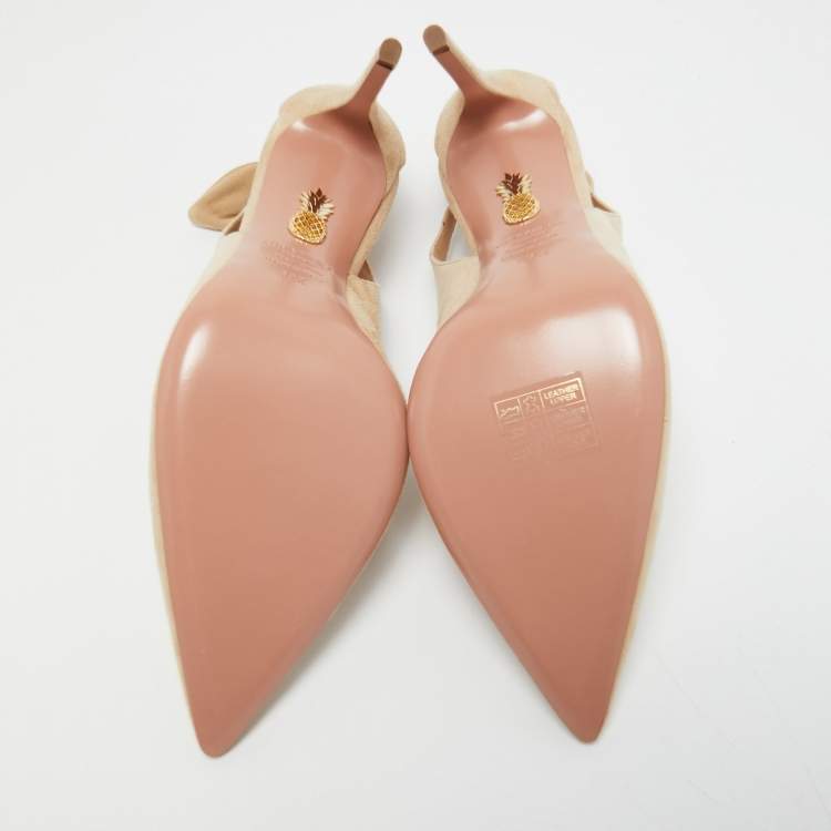 Pre Owned Aquazzura Beige Suede Bow Tie Pointed Toe Pumps Size 39.5