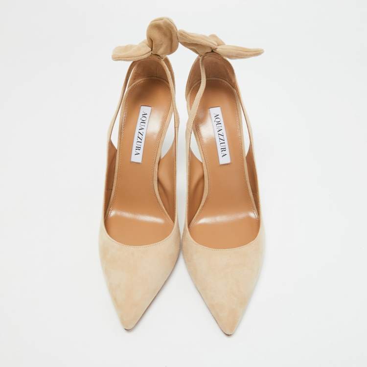 Pre Owned Aquazzura Beige Suede Bow Tie Pointed Toe Pumps Size 39.5