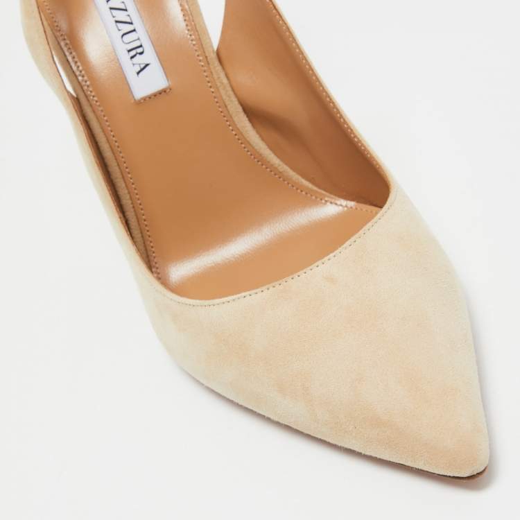 Pre Owned Aquazzura Beige Suede Bow Tie Pointed Toe Pumps Size 39.5