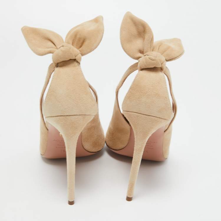 Pre Owned Aquazzura Beige Suede Bow Tie Pointed Toe Pumps Size 39.5