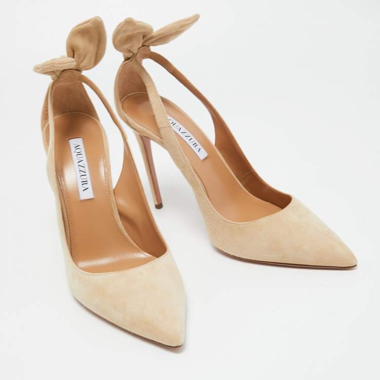 Pre Owned Aquazzura Beige Suede Bow Tie Pointed Toe Pumps Size 39.5