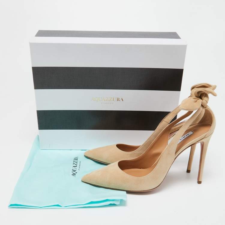 Pre Owned Aquazzura Beige Suede Bow Tie Pointed Toe Pumps Size 39.5