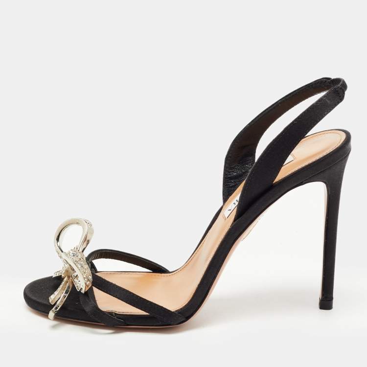 Aquazzura Black Satin Crystal Bow Embellished Babe Slingback Sandals Size  37 Aquazzura | The Luxury Closet