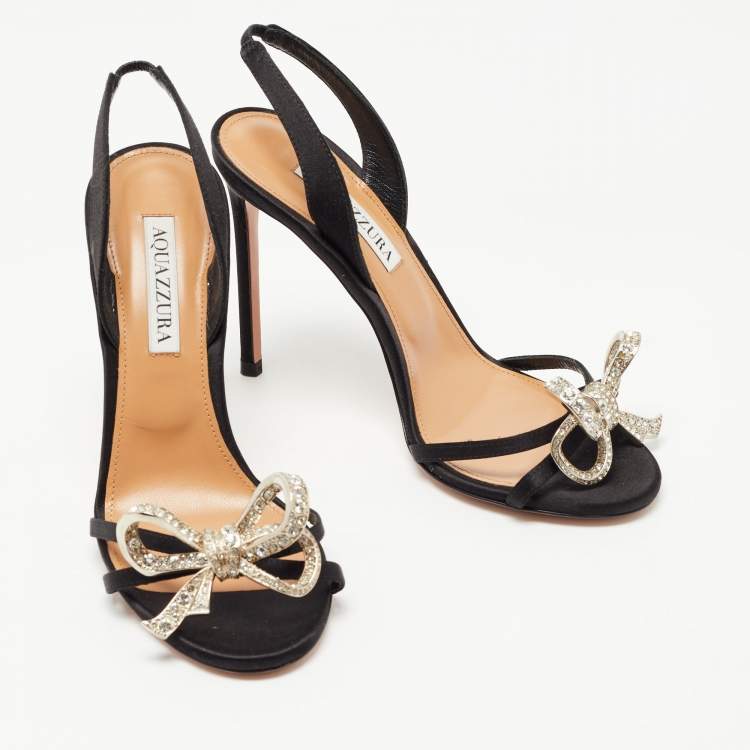 Pre Owned Aquazzura Black Satin Crystal Bow Embellished Babe Slingback Sandals Size 37
