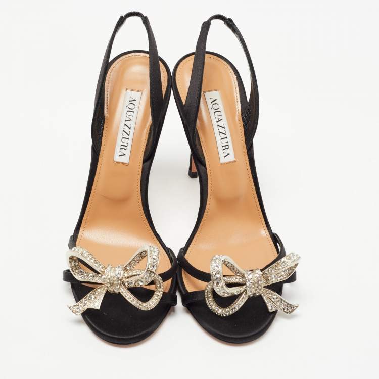 Pre Owned Aquazzura Black Satin Crystal Bow Embellished Babe Slingback Sandals Size 37