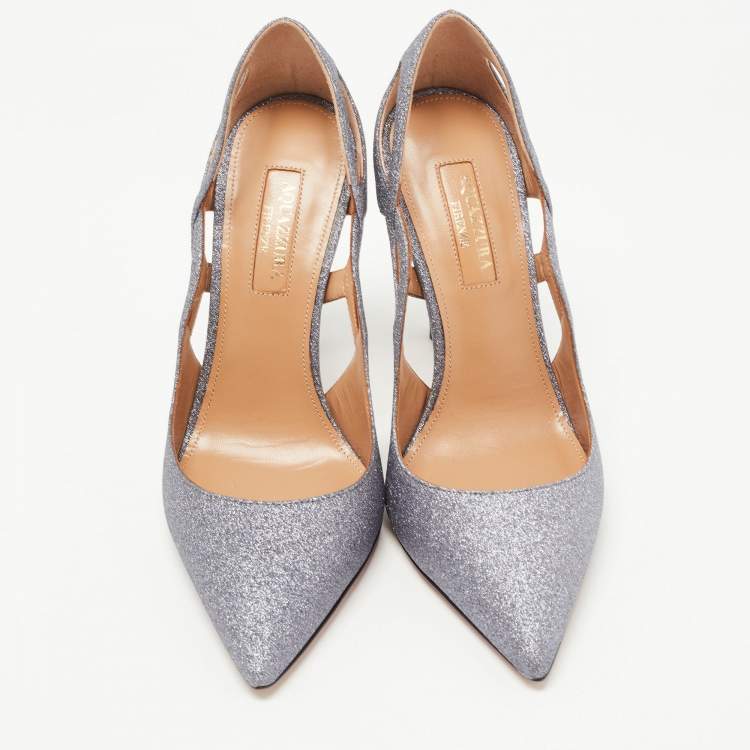 مملوكة مسبقًا Aquazzura Silver Glitter Leather Forever Pumps Size 35