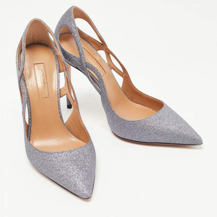 مملوكة مسبقًا Aquazzura Silver Glitter Leather Forever Pumps Size 35