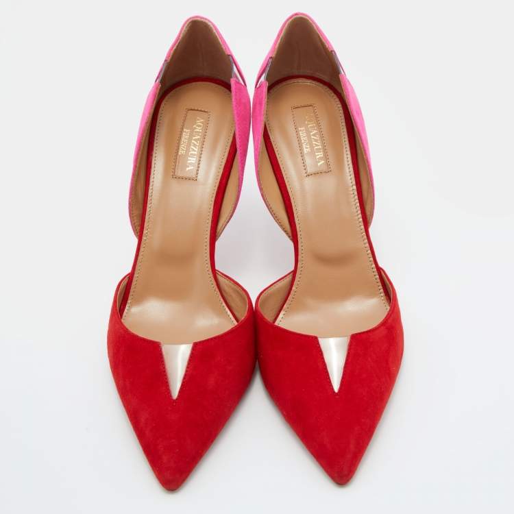 Pre Owned Aquazzura Red/Pink Suede and PVC Pointed Toe Sharp Pumps Size 39.5