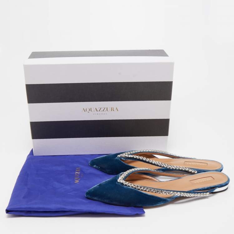 Pre Owned Aquazzura Blue Velvet Sabine Crystal Embellished Pointed Toe Mules  Size 39.5