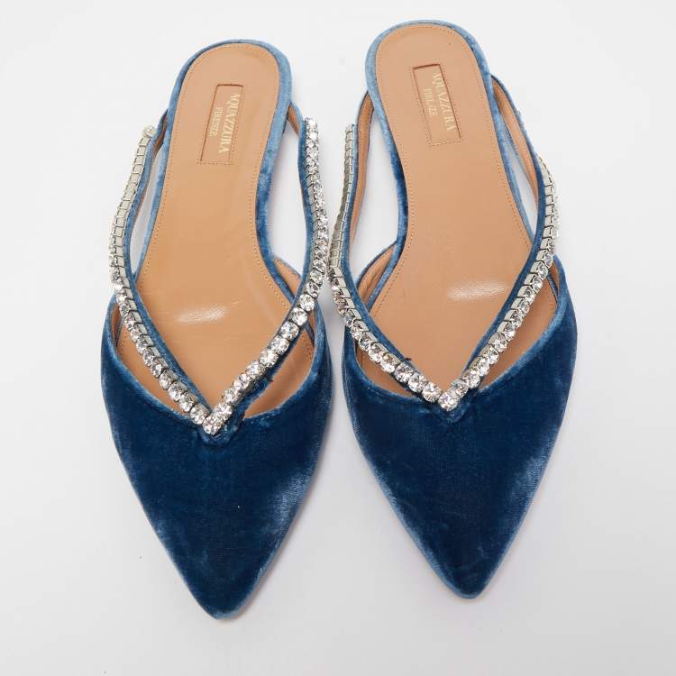 Pre Owned Aquazzura Blue Velvet Sabine Crystal Embellished Pointed Toe Mules  Size 39.5