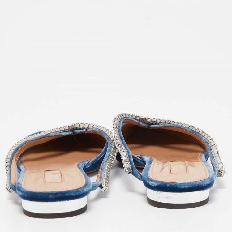 Pre Owned Aquazzura Blue Velvet Sabine Crystal Embellished Pointed Toe Mules  Size 39.5