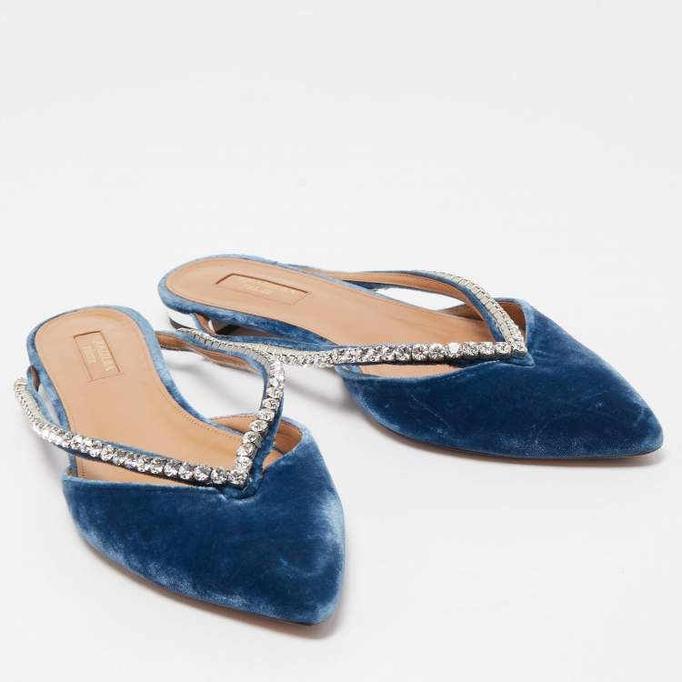 Pre Owned Aquazzura Blue Velvet Sabine Crystal Embellished Pointed Toe Mules  Size 39.5