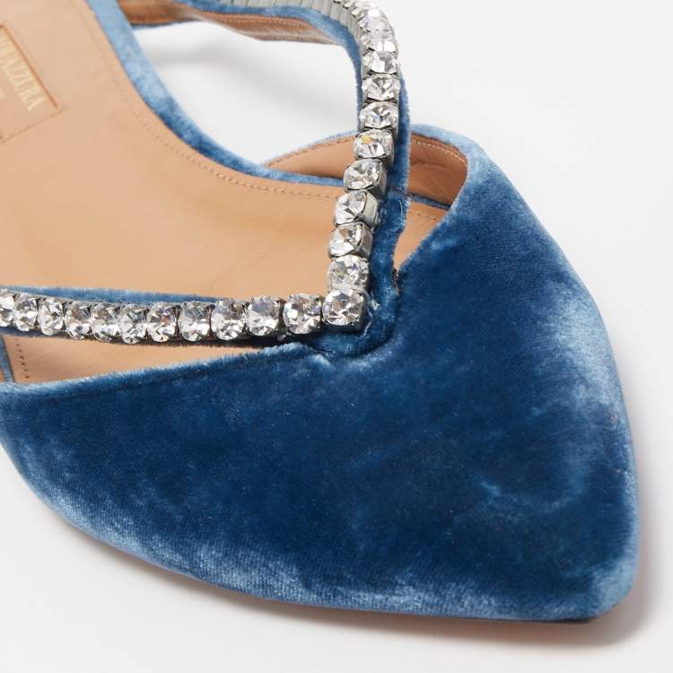 Pre Owned Aquazzura Blue Velvet Sabine Crystal Embellished Pointed Toe Mules  Size 39.5