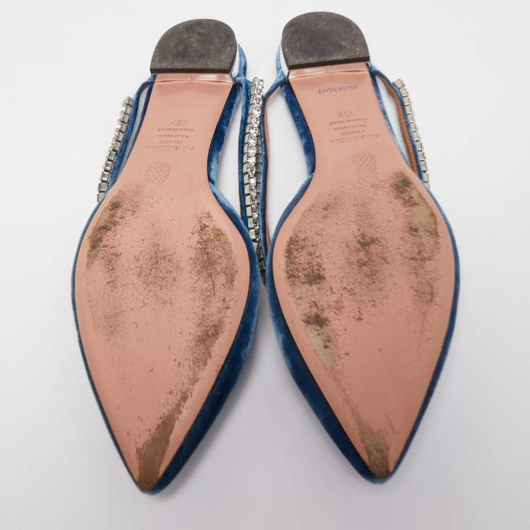 Pre Owned Aquazzura Blue Velvet Sabine Crystal Embellished Pointed Toe Mules  Size 39.5