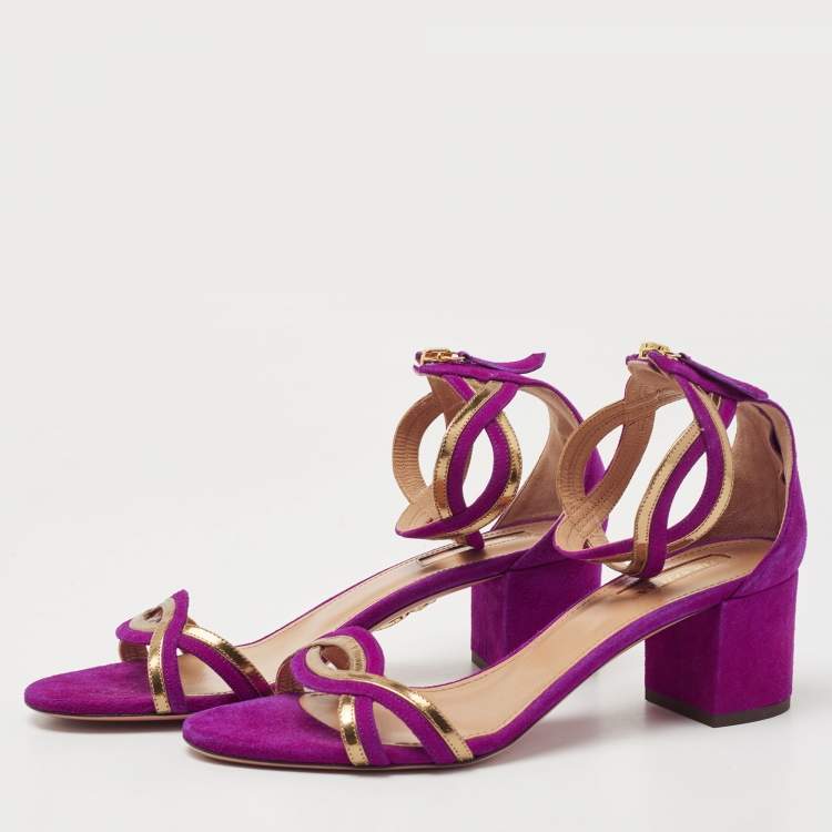 Pre Owned Aquazzura Purple/Gold Suede and Patent Leather Moon Ray Sandals Size 39