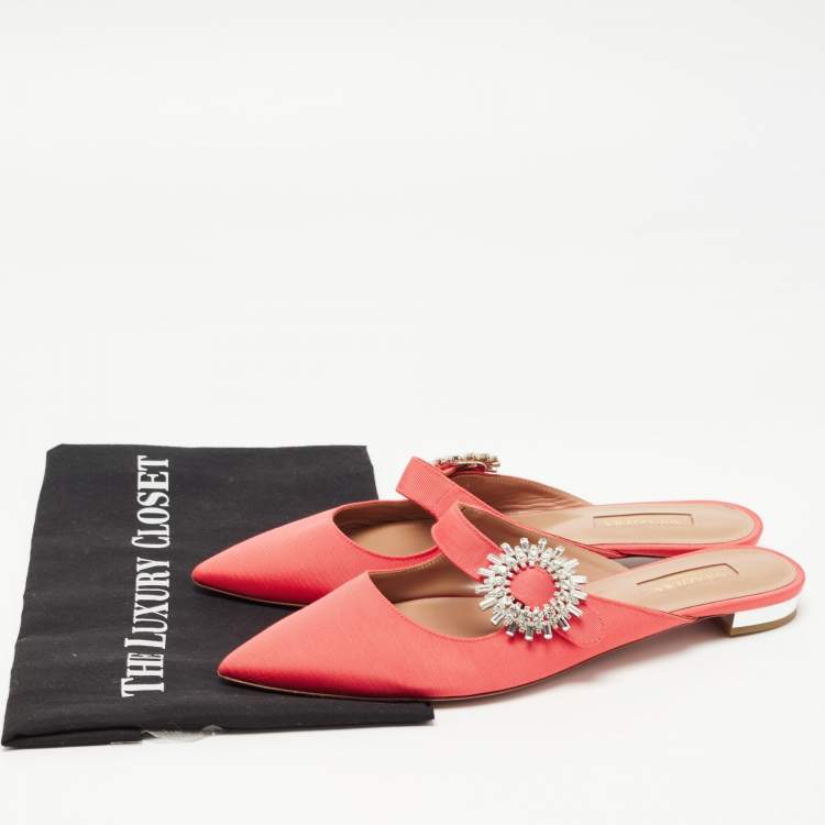 Pre Owned Aquazzura Coral Canvas Crystal Embellished Blossom Flat Mules Size 38