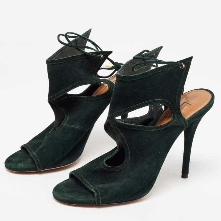 Pre Owned Aquazzura Dark Green Suede Ankle Strap Sandals Size 38