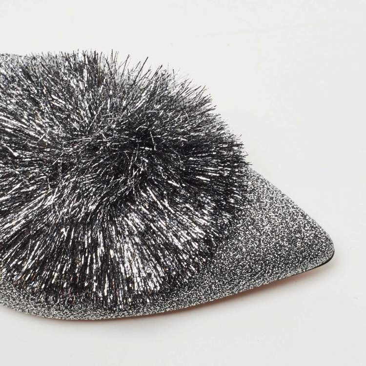 Pre Owned Aquazzura Silver Glitter Tropicana Pom Pom Mules Size 37  