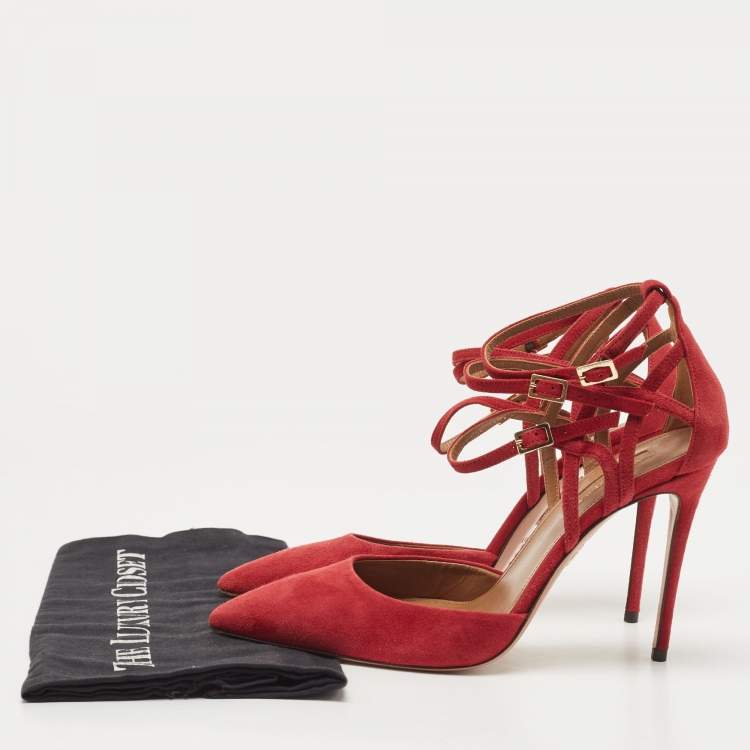 Pre Owned Aquazzura Dark Red Suede Strappy Pumps Size 38