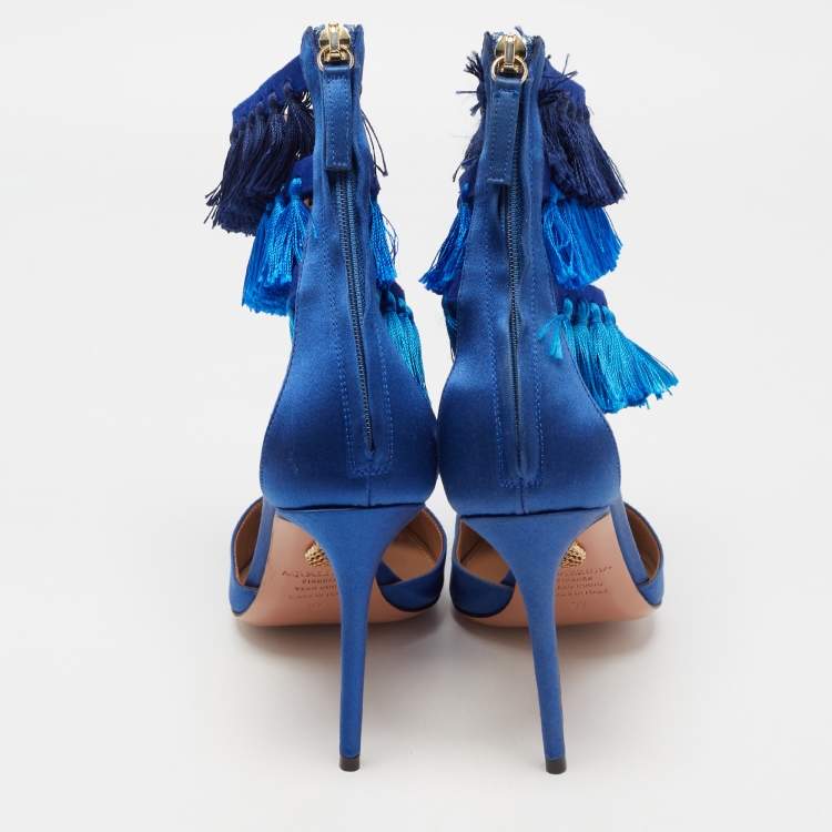 Pre Owned Claudia Schiffer For Aquazzura Blue Satin And Suede Tasseled Loulou Ankle Cuff Sandals Size 37