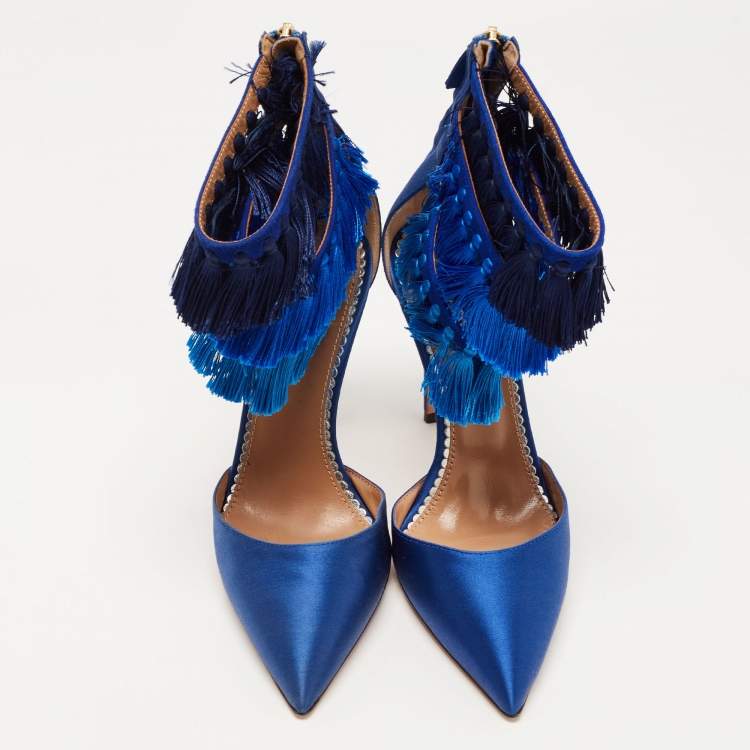 Pre Owned Claudia Schiffer For Aquazzura Blue Satin And Suede Tasseled Loulou Ankle Cuff Sandals Size 37