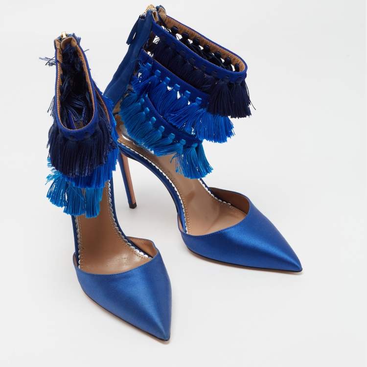 Pre Owned Claudia Schiffer For Aquazzura Blue Satin And Suede Tasseled Loulou Ankle Cuff Sandals Size 37