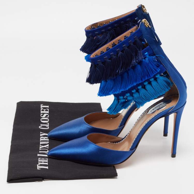 Pre Owned Claudia Schiffer For Aquazzura Blue Satin And Suede Tasseled Loulou Ankle Cuff Sandals Size 37