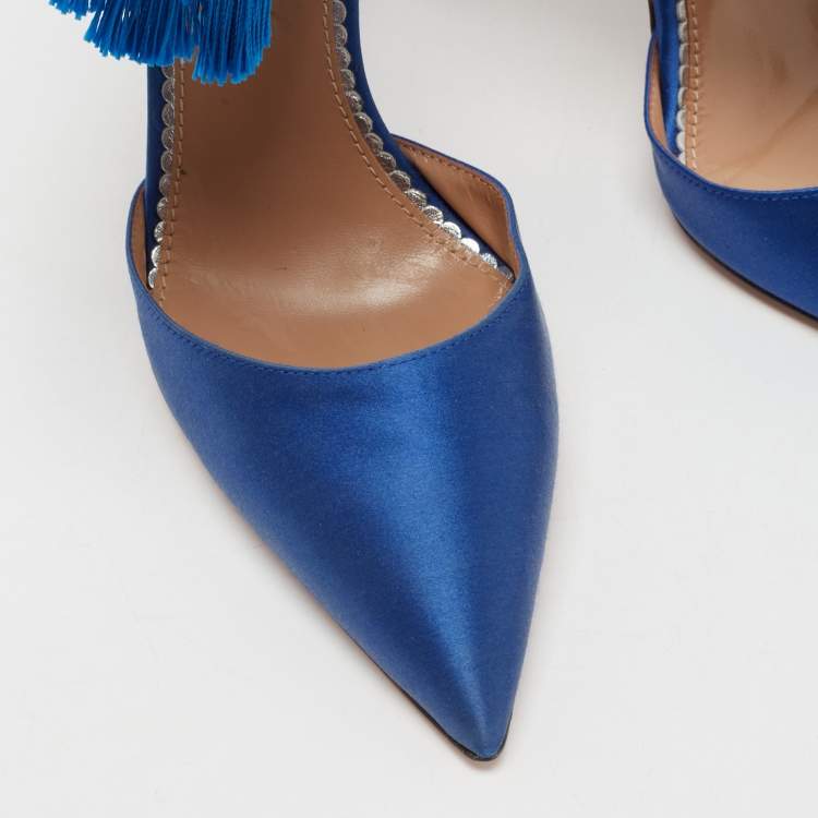 Pre Owned Claudia Schiffer For Aquazzura Blue Satin And Suede Tasseled Loulou Ankle Cuff Sandals Size 37