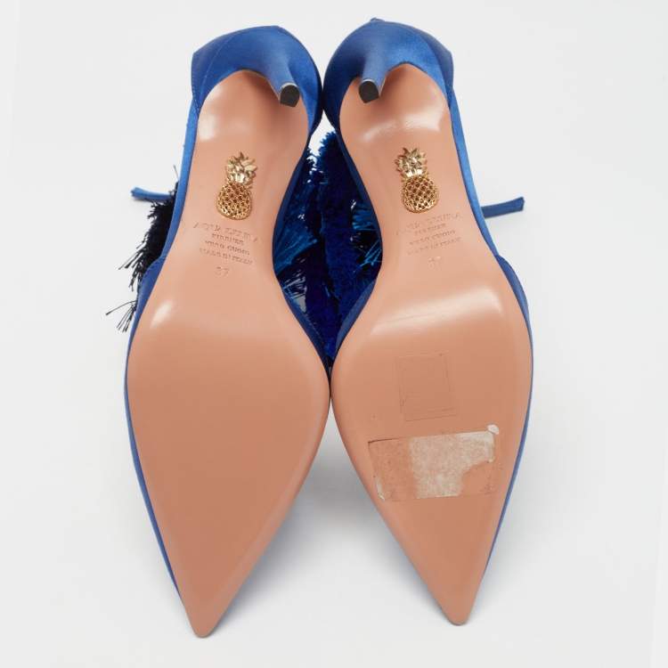 Pre Owned Claudia Schiffer For Aquazzura Blue Satin And Suede Tasseled Loulou Ankle Cuff Sandals Size 37