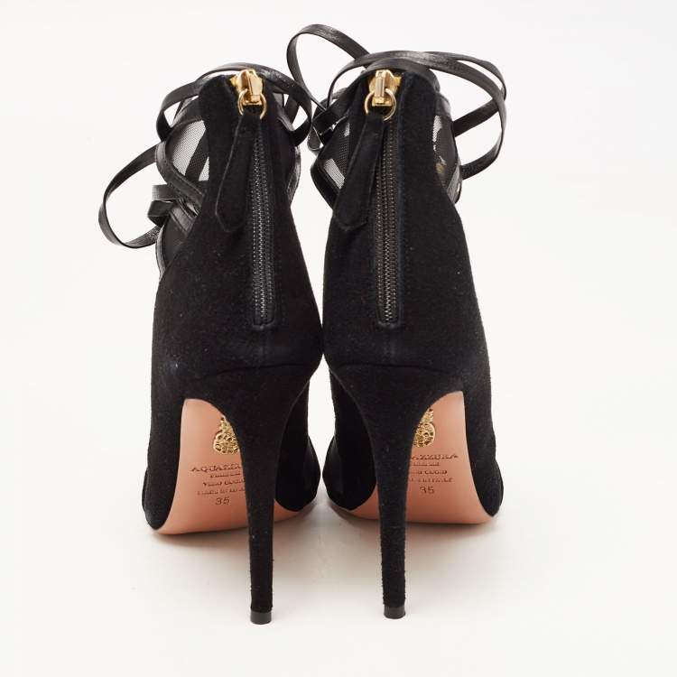 Pre Owned Aquazzura Black Suede and Mesh Cut Out Lace Pp Pumps Size 35
