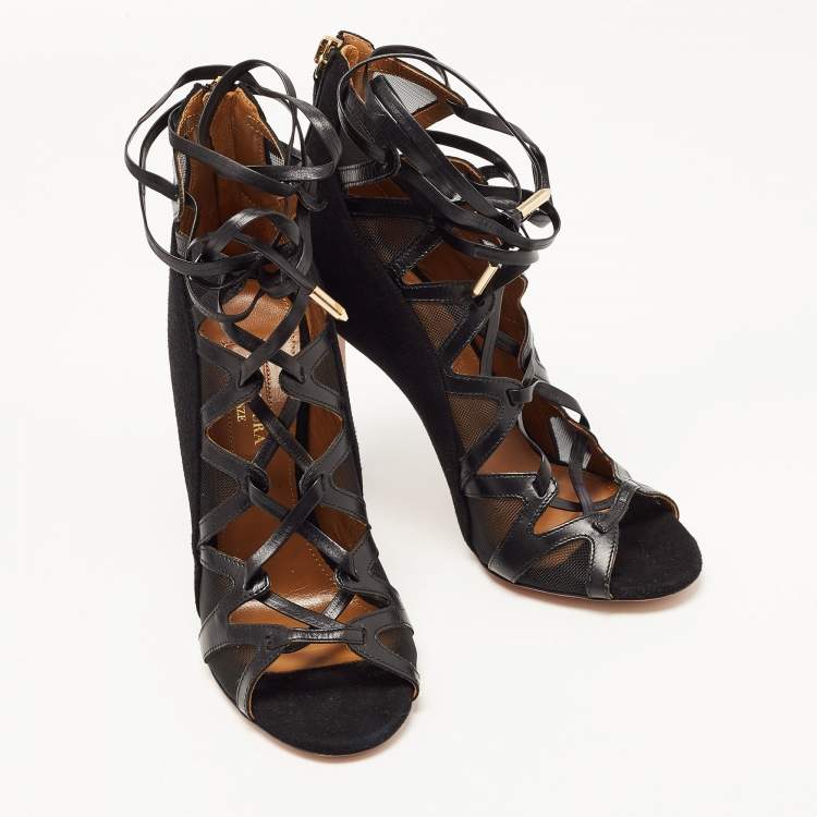 Pre Owned Aquazzura Black Suede and Mesh Cut Out Lace Pp Pumps Size 35