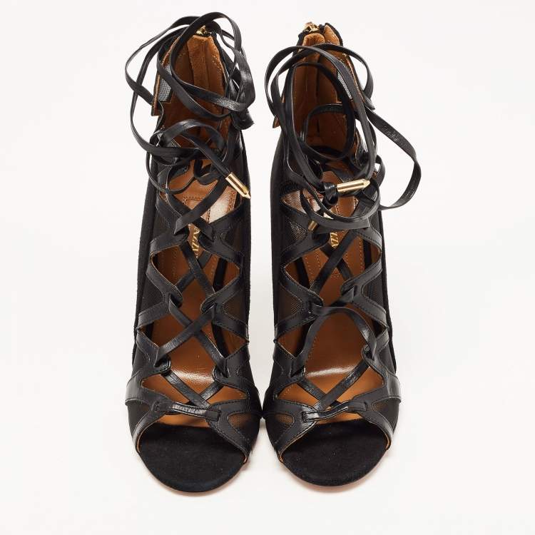 Pre Owned Aquazzura Black Suede and Mesh Cut Out Lace Pp Pumps Size 35