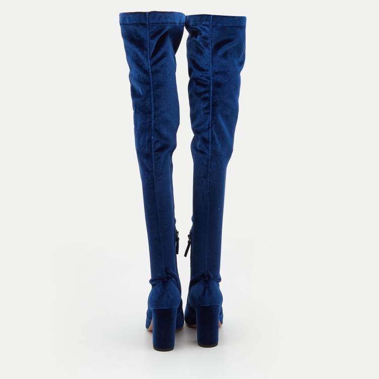 Pre Owned Aquazzura Blue Velvet So Me Knee High Boots Size 39