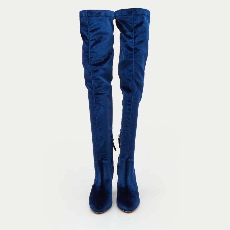 Pre Owned Aquazzura Blue Velvet So Me Knee High Boots Size 39