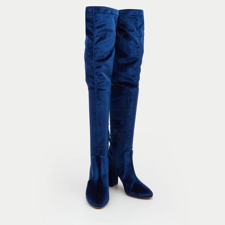 Pre Owned Aquazzura Blue Velvet So Me Knee High Boots Size 39