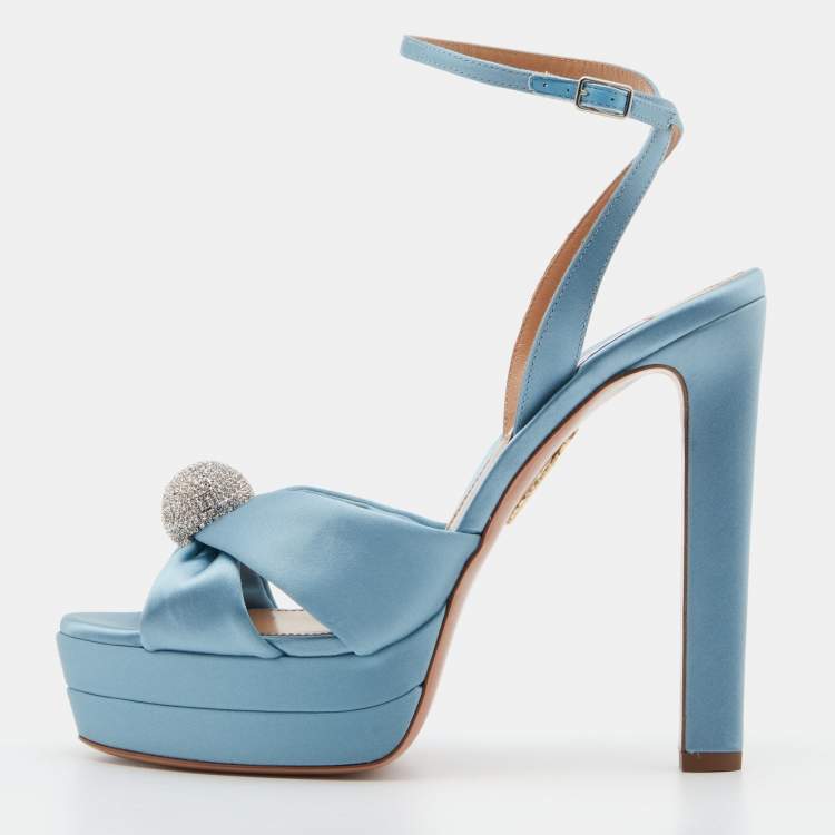 Aquazzura Blue Satin Yes Darling Crystal Embellished