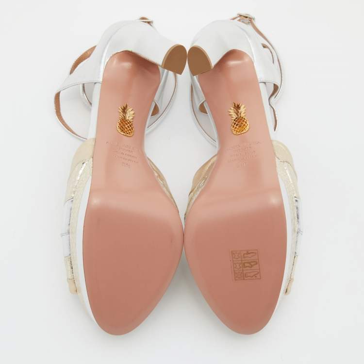 Pre Owned Aquazzura Gold /Silver Suede and Watersnake Leather La Di Da Platform Sandals Size 39
