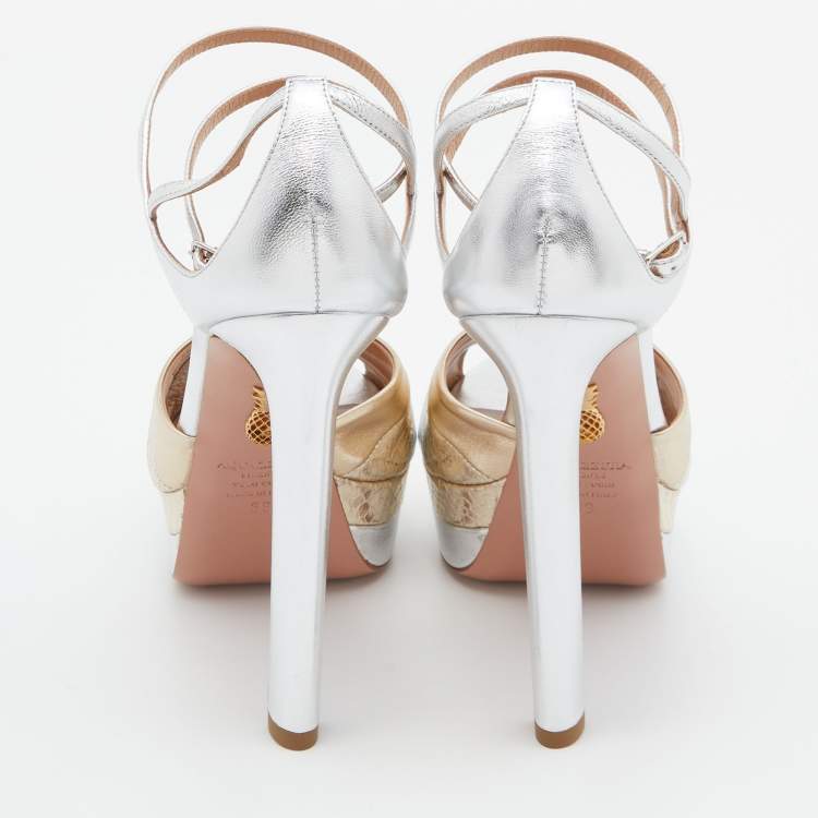 Pre Owned Aquazzura Gold /Silver Suede and Watersnake Leather La Di Da Platform Sandals Size 39