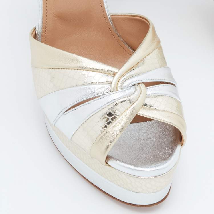 Pre Owned Aquazzura Gold /Silver Suede and Watersnake Leather La Di Da Platform Sandals Size 39